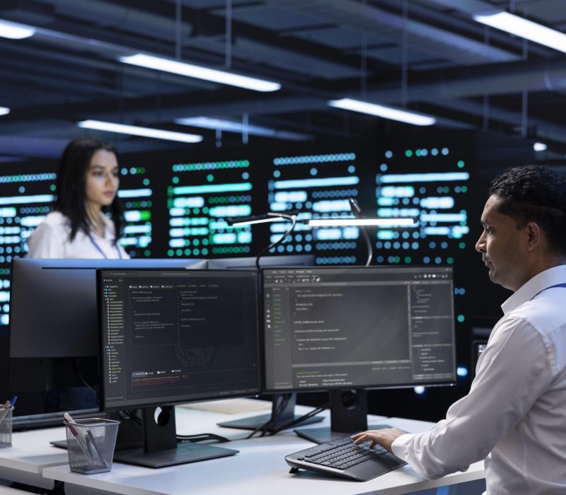 Coworkers in data center using computers to find firewall misconfigurations affecting servers. Colleagues in server room checking systems bottlenecks on PC leading to sluggish data transfer rates